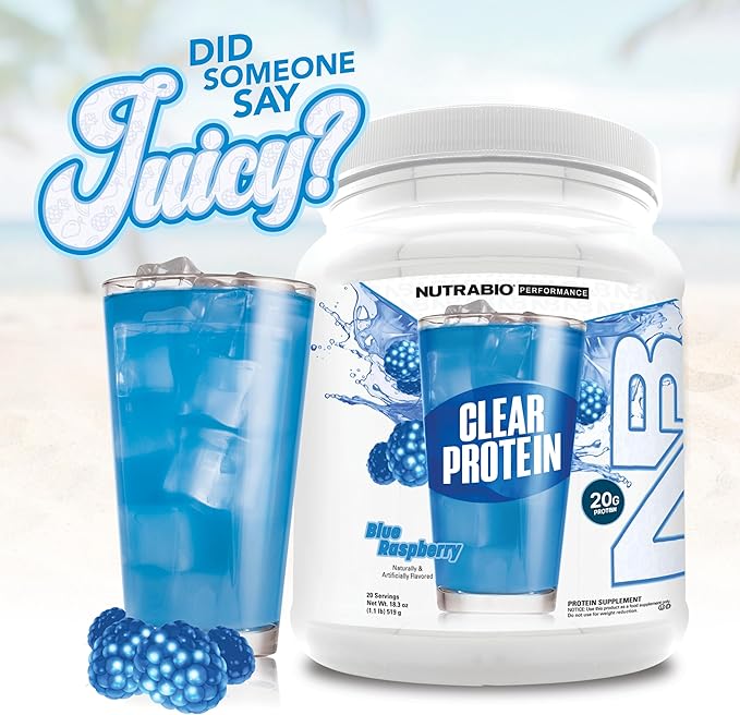 NutraBio Clear Protein Powder, Blue Raspberry - 20 Servings, 20g Clear Whey Protein Isolate, 0