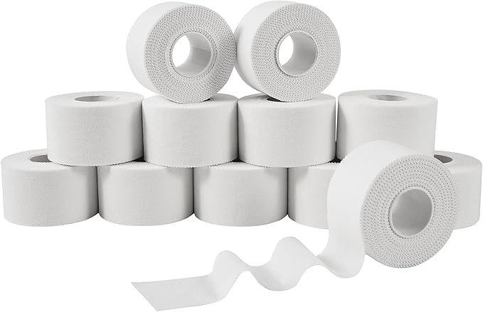 Athletic Tape 1.5in x 33ft (12 Pack Bulk) - No Residue Easy Tear White Sports Tape for Ankle &