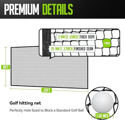 Golf Net, 10x20ft Golf Practice Net with Carry Bag, Double Finished Seam, Durable and Portable
