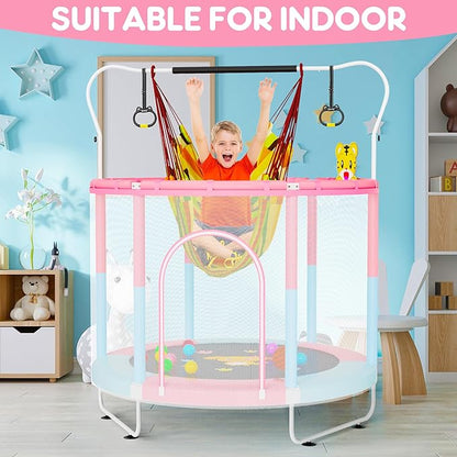 60" Trampoline for Kids, 5 FT Indoor & Outdoor Toddler Baby Trampoline with Basketball Hoop, Safety