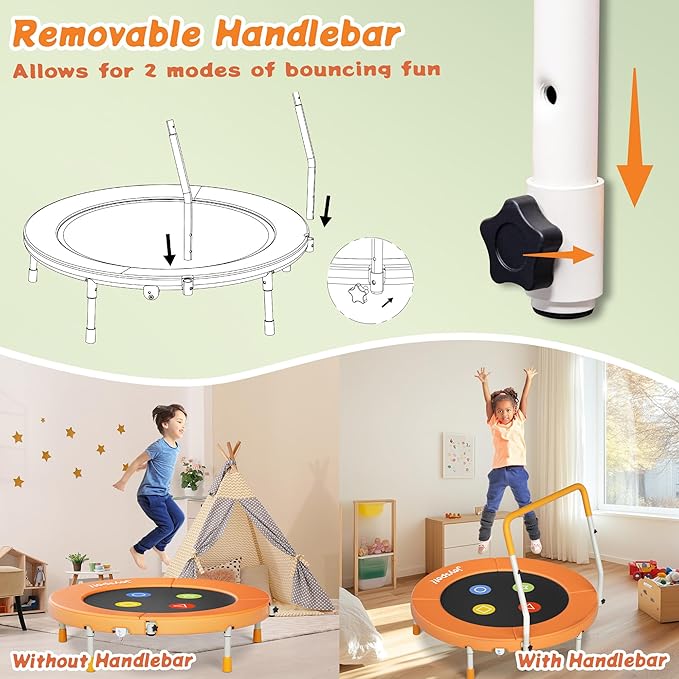 3FT Toddler Trampoline with Adjustable Handlebar, 36" Foldable & Spring-Free, Mini Kids Indoor