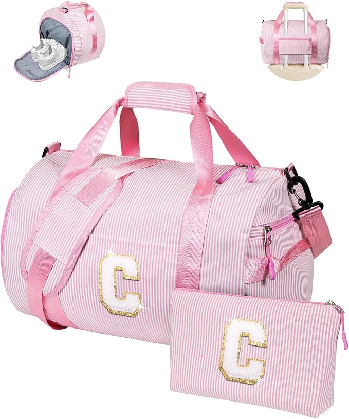 Teen Girls Gifts Trendy Stuff, Girl Gym Bag, Kids Initial Overnight Duffel Bags with Shoe