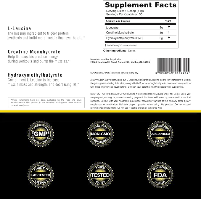 L-CREATINE Supplement: Creatine Monohydrate w/Leucine Amino Acid and HMB – Supports Muscle Mass
