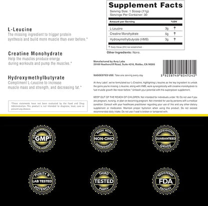 L-CREATINE Supplement: Creatine Monohydrate w/Leucine Amino Acid and HMB – Supports Muscle Mass