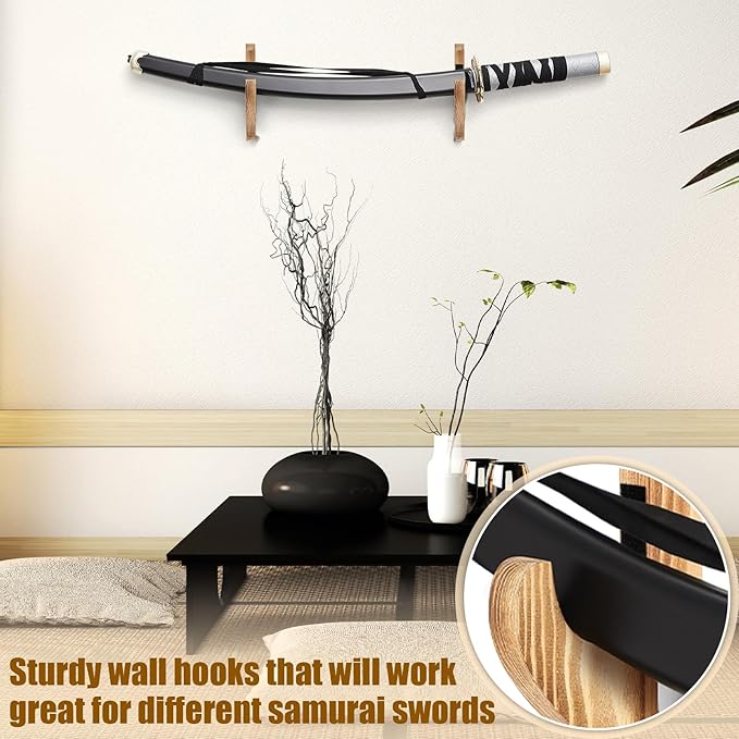 Chunful 2 Pcs Sword Wall Mount Sword Holder Katana Stand 1 Tier Hanger Adjustable Wooden Mounts for