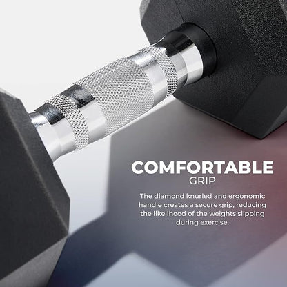 Sunny Health & Fitness Hex Style Dumbbell 5 LBS TO 50 LBS Chrome Handles, Hand Weight for Strength
