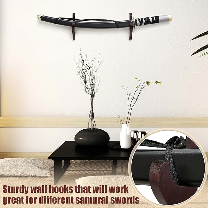 Chunful 2 Pcs Sword Wall Mount Sword Holder Katana Stand 1 Tier Hanger Adjustable Wooden Mounts for
