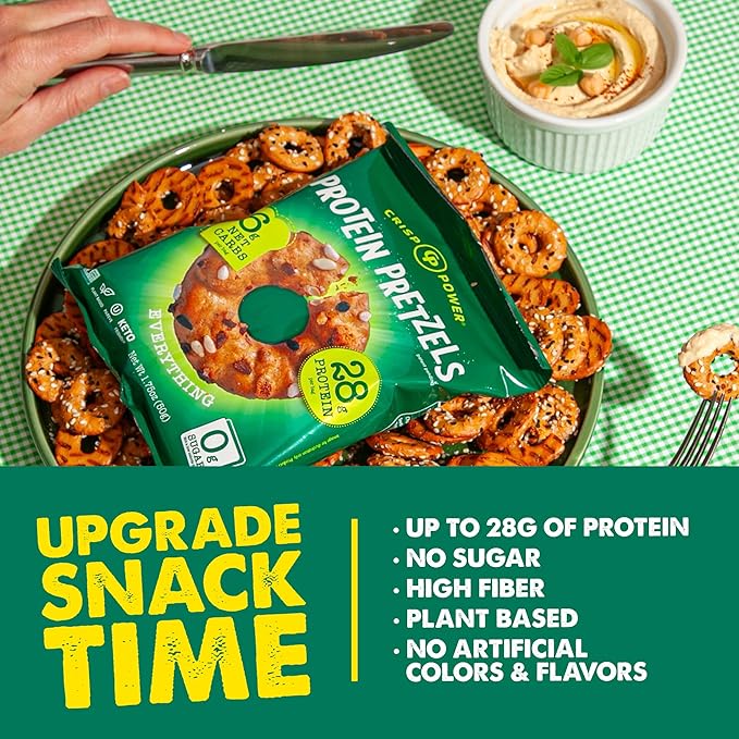 Crisp Power Protein Pretzels, Everything, High Protein Vegan Keto Snack, 28 G Plant Based Protein
