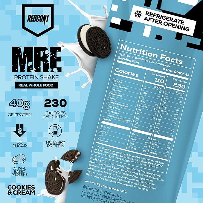 REDCON1 MRE Ready to Drink Protein Shakes, Cookies & Cream - Lactose + Whey Free RTD Protein Made