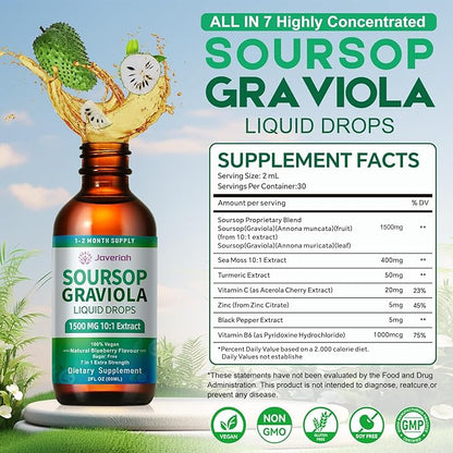 2 Pack Soursop Graviola Leaf Extract Liquid Drops Supplement with Irish Sea Moss & Turmeric for