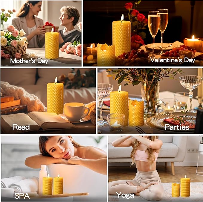 3 Pack Natural Beeswax Pillar Candles,Handmade Pure Beeswax Rolled Candle-60 Hours Long