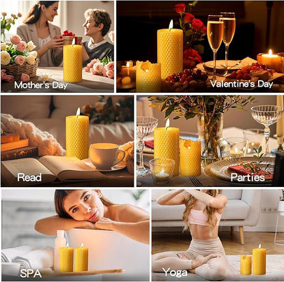 3 Pack Natural Beeswax Pillar Candles,Handmade Pure Beeswax Rolled Candle-60 Hours Long