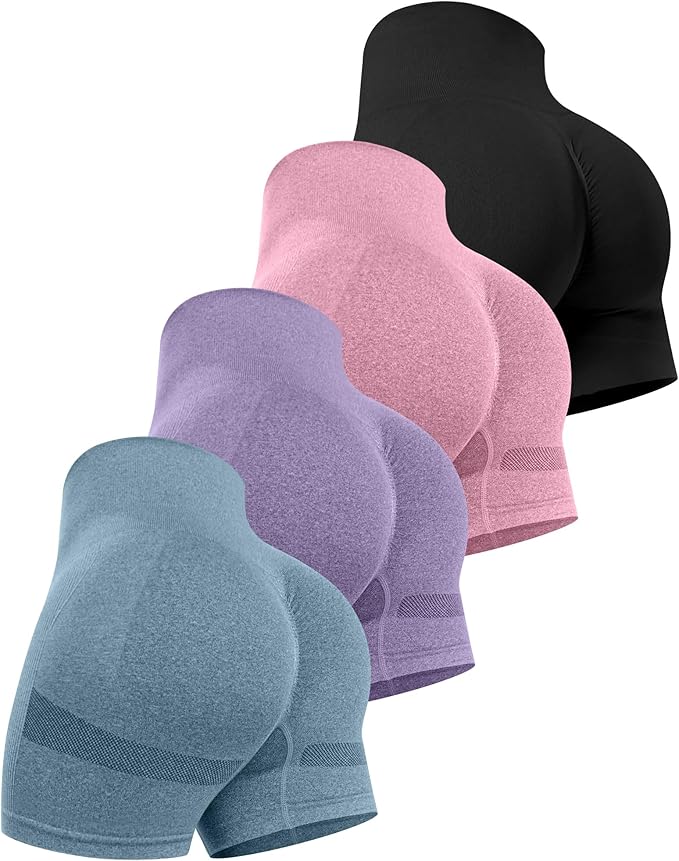 CHRLEISURE Women's 4 Packs Workout Gym Shorts, High Waisted Butt Lifting Scrunch Butt Seamless