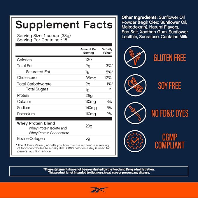 Reebok Whey Protein Powder + Collagen Peptides | 25g Protein with 9 Essential Amino Acids | Muscle