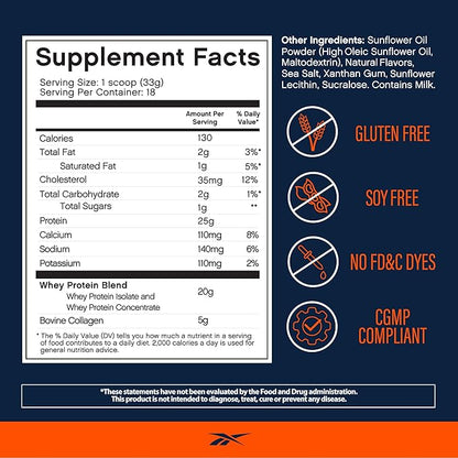 Reebok Whey Protein Powder + Collagen Peptides | 25g Protein with 9 Essential Amino Acids | Muscle
