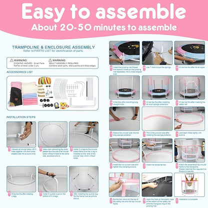 60" Trampoline for Kids, 5 FT Indoor & Outdoor Toddler Baby Trampoline with Basketball Hoop, Safety