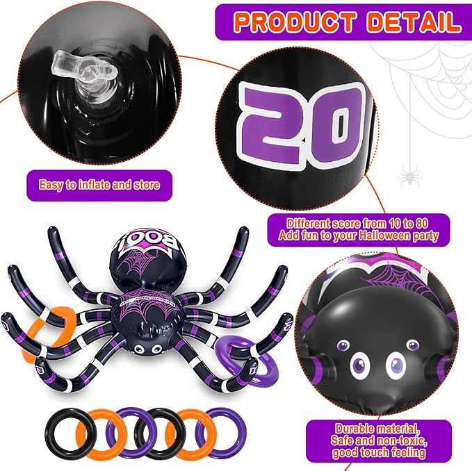 Max Fun Halloween Ring Toss Games for Kids, 2 Pack Inflatable Spiders Set Halloween Party Favor