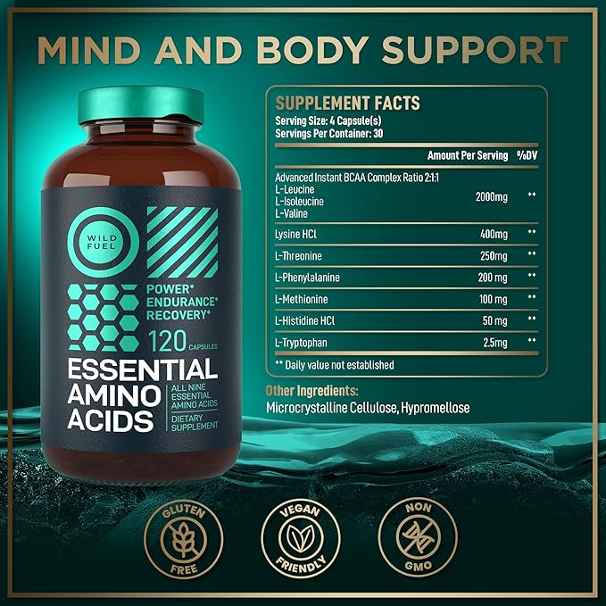 WILD FUEL Essential Amino Acids Supplement for Women and Men - All 9 BCAAs Amino Acid Complex for