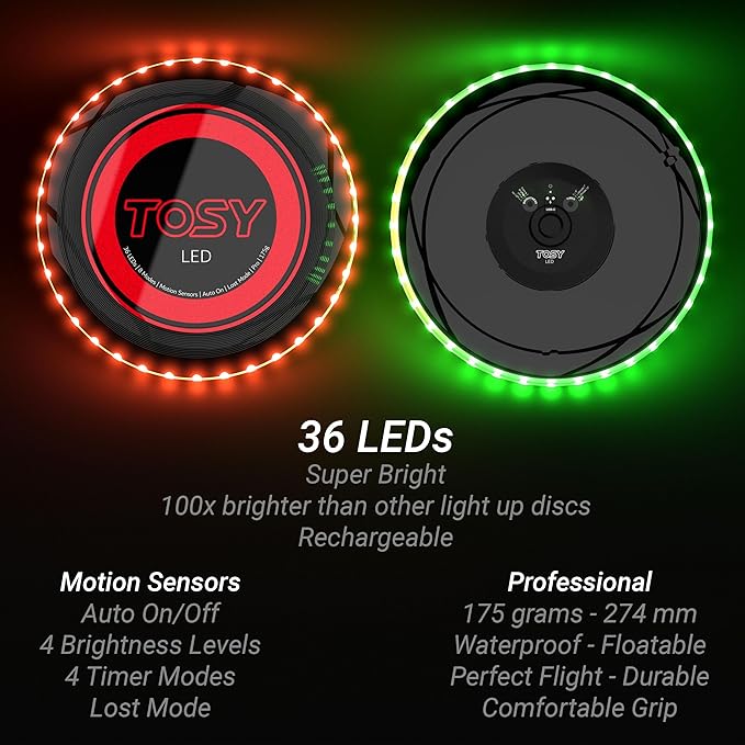 TOSY Flying Disc - 36 Mono-Color LEDs, Extremely Bright, Smart Modes, Camping Essentials for