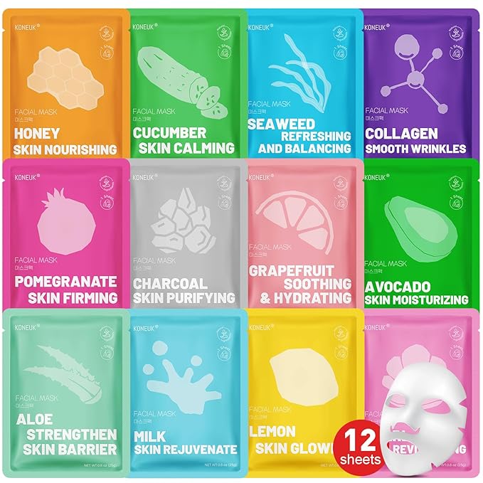 12 Pack Collagen Hydrating Face Masks Skincare, Sheet Face Mask for All Skin Types, Facial Masks