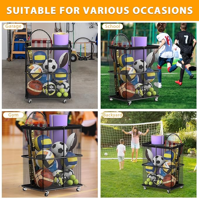 HEOMU Ball Storage Bin Rolling Garage Ball Storage Cart with Lockable Wheels, Metal Frame Mesh
