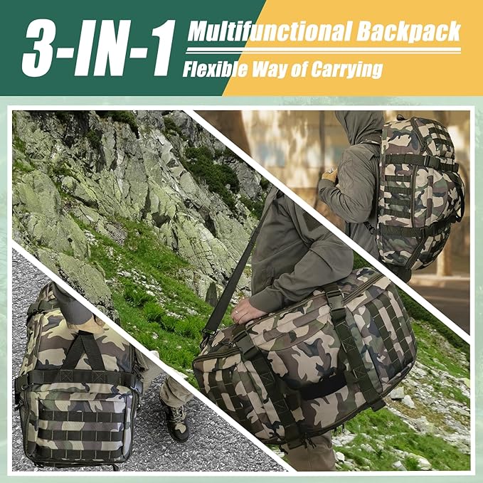 65L Large Travel Duffle Bag Military Tactical Backpack, Army Assault Pack 3 Day Bug Out Rucksack