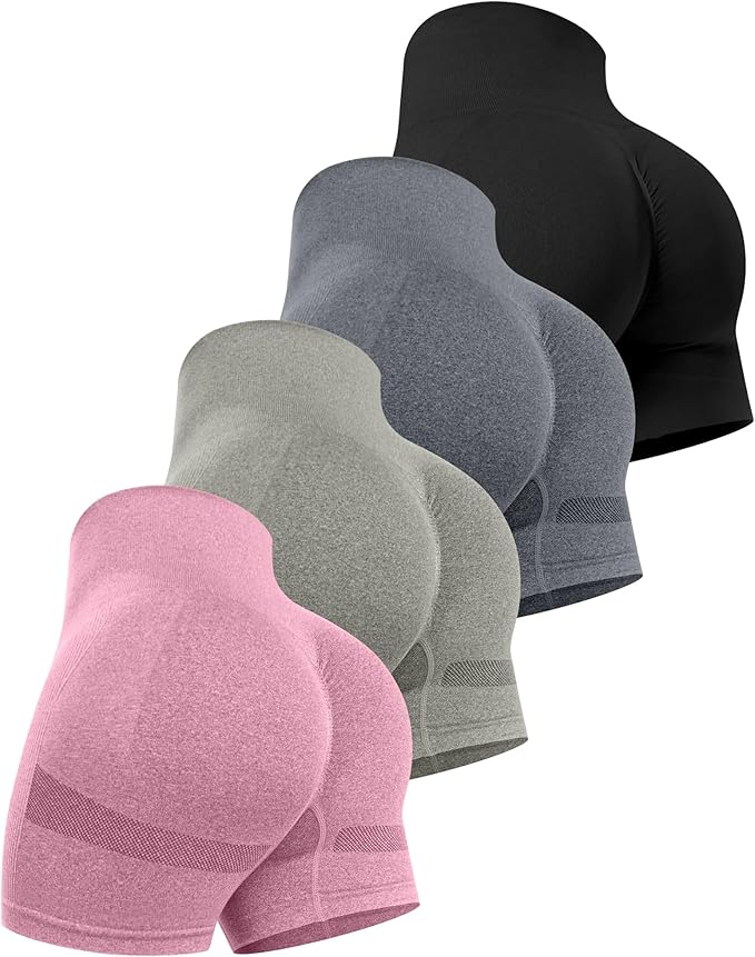 CHRLEISURE Women's 4 Packs Workout Gym Shorts, High Waisted Butt Lifting Scrunch Butt Seamless