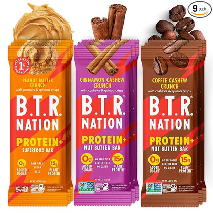 B.T.R. Nation Vegan Keto Plant Based Protein & Fiber Bars - High Protein (Sampler Pack) | (9 Pack)