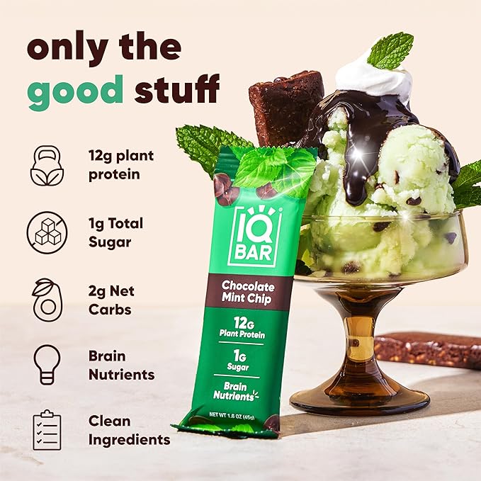 IQBAR Brain and Body Plant Protein Bars - Chocolate Mint Chip - 36-Count Low Carb - Gluten Free