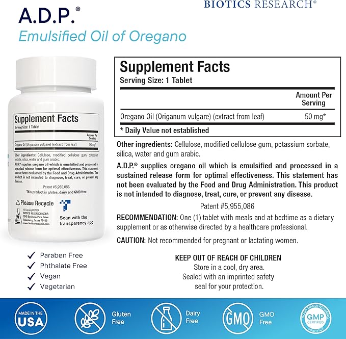 Biotics Research A.D.P. Emulsified Oil of Oregano Tablets for GI Health -Sustained Release for High