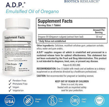 Biotics Research A.D.P. Emulsified Oil of Oregano Tablets for GI Health -Sustained Release for High
