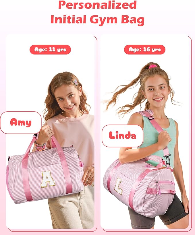 Christmas Gifts for Girls 12-14, Girl Gym Bag, Kids Initial Overnight Duffel Bags with Shoe