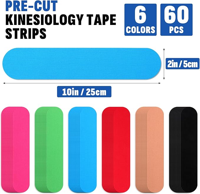 60PCS Precut Kinesiology Tape Strips, 6 Colors 2 inch x 10 inch Cotton Athletic Tape, Kinetic Tape