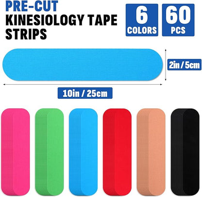 60PCS Precut Kinesiology Tape Strips, 6 Colors 2 inch x 10 inch Cotton Athletic Tape, Kinetic Tape