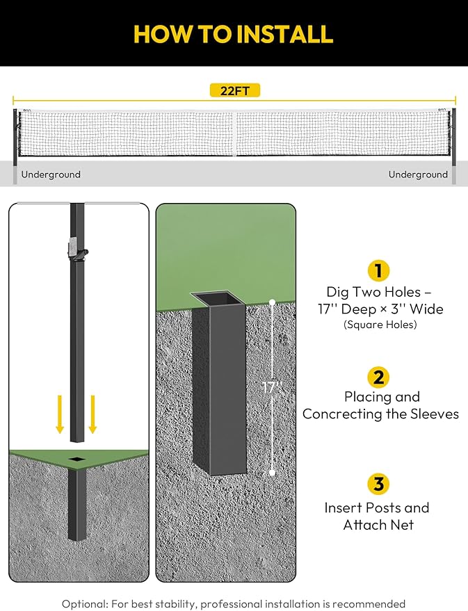 A11N SPORTS Pro-Grade In-Ground Pickleball Net System with Heavy-Duty Carbon Steel Posts
