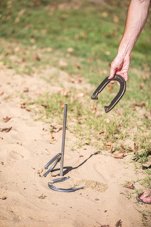 Triumph Forged and Steel Horseshoe Set Complete with 4 Horseshoes, 2 Stakes - Patriotic or Blue and