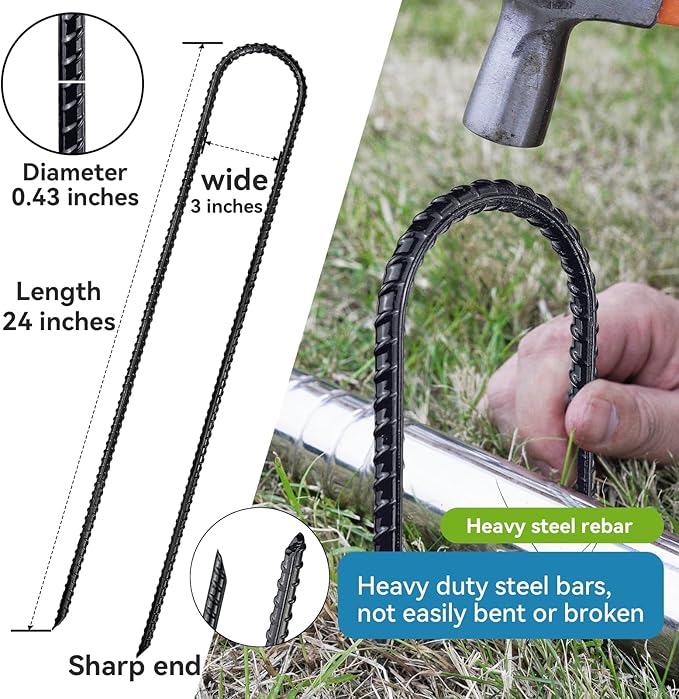 Trampoline Ground Anchors 24-Inch Heavy Duty U Rebar Stakes for Trampoline, Dog Fence, Black