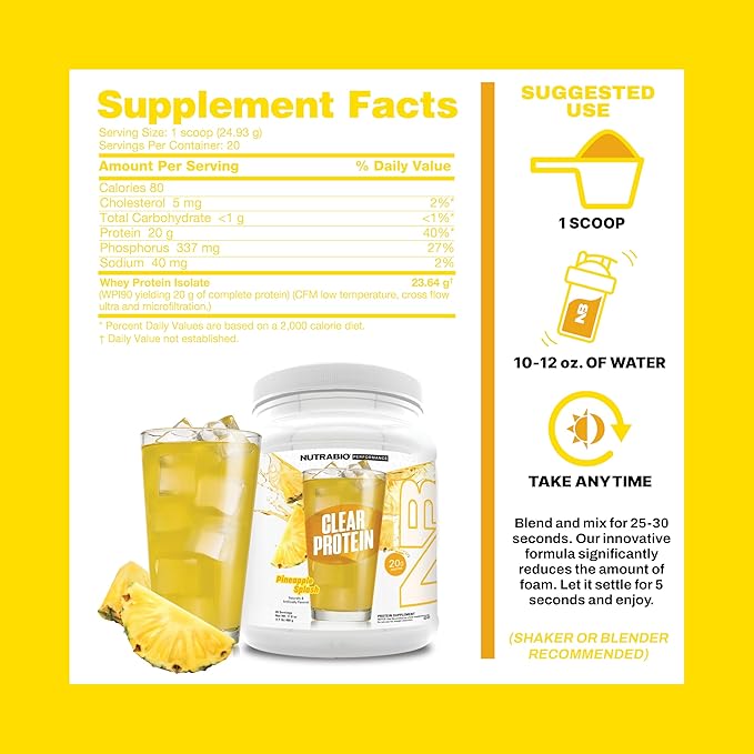 NutraBio Clear Protein Powder, Pineapple Splash - 20 Servings, 20g Clear Whey Protein Isolate, 0