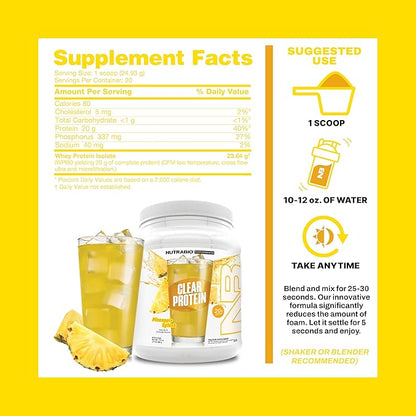 NutraBio Clear Protein Powder, Pineapple Splash - 20 Servings, 20g Clear Whey Protein Isolate, 0
