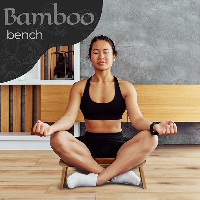 Bamboo Meditation Bench with Cushion - Foldable Bench for Multiple Seating Angles - Kneeling Chair