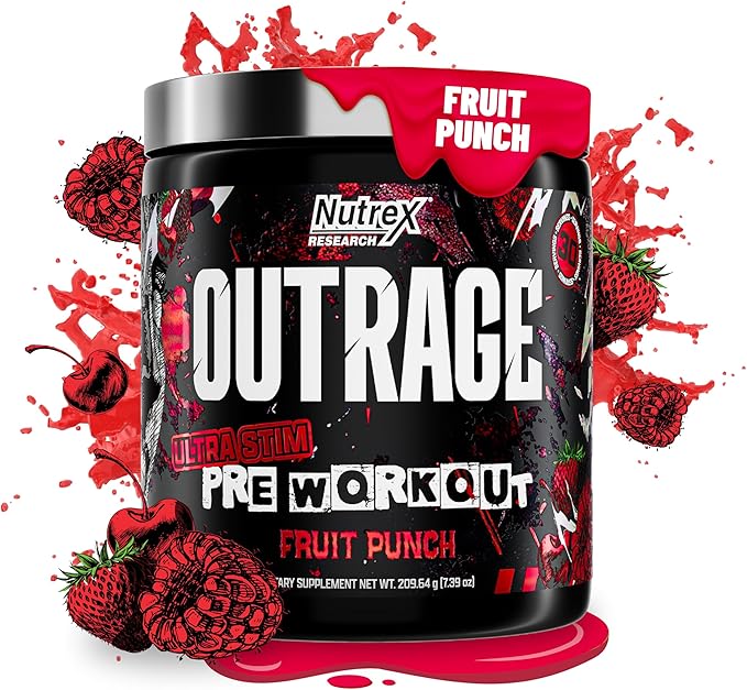 Outrage Ultra HIGH STIM Pre-Workout Powder for Men Fruit Punch | 400mg Caffeine, L-Citrulline