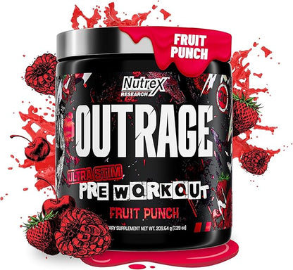 Outrage Ultra HIGH STIM Pre-Workout Powder for Men Fruit Punch | 400mg Caffeine, L-Citrulline