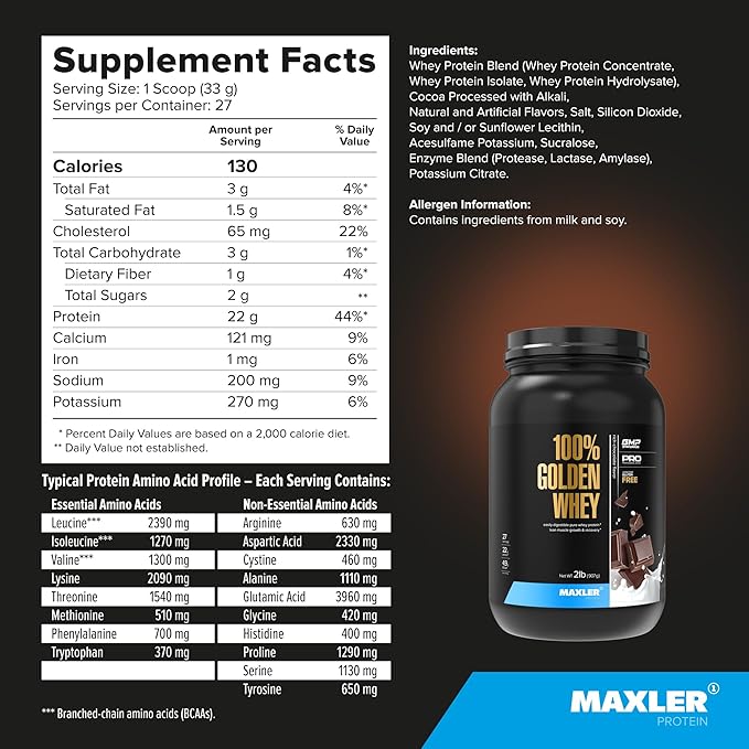 Maxler 100% Golden Whey - 22g of Protein per Serving - High Protein, Low Fat, Low Carb, Complete
