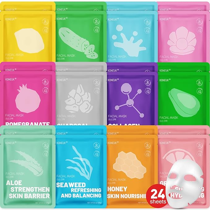 24 Pack Sheet Hydrating Face Masks Skincare, Soothing & Moisturizing Face Mask for All Skin Types