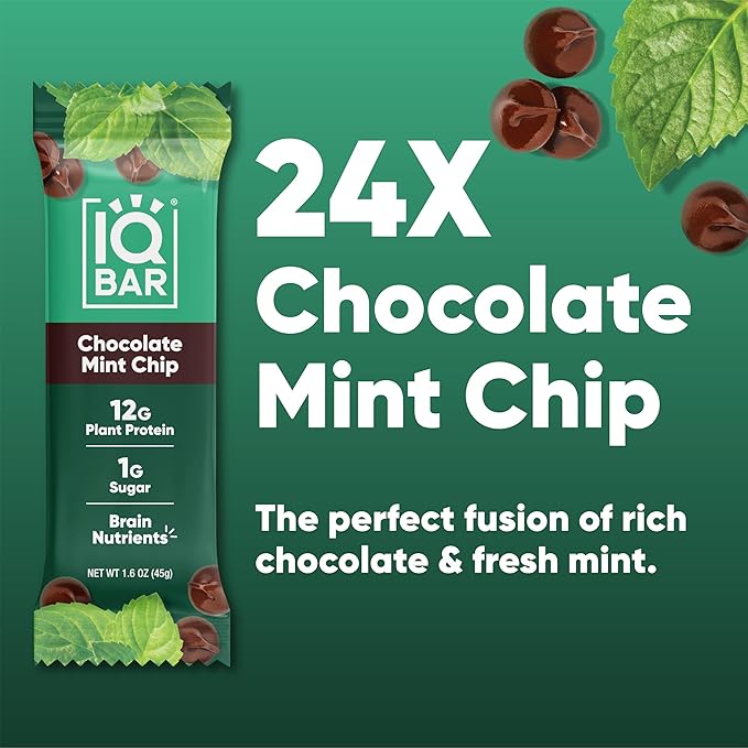 IQBAR Brain and Body Plant Protein Bars - Chocolate Mint Chip - 24-Count Low Carb - Gluten Free