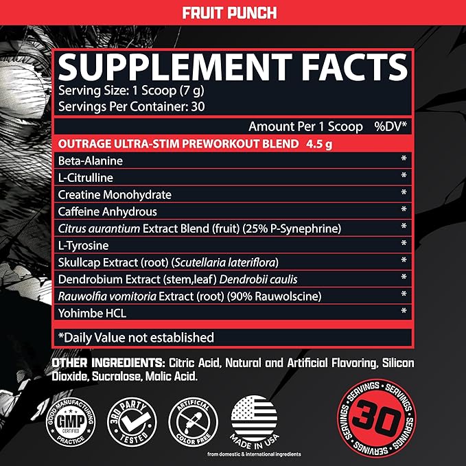 Outrage Ultra HIGH STIM Pre-Workout Powder for Men Fruit Punch | 400mg Caffeine, L-Citrulline