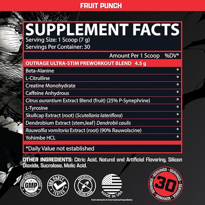 Outrage Ultra HIGH STIM Pre-Workout Powder for Men Fruit Punch | 400mg Caffeine, L-Citrulline