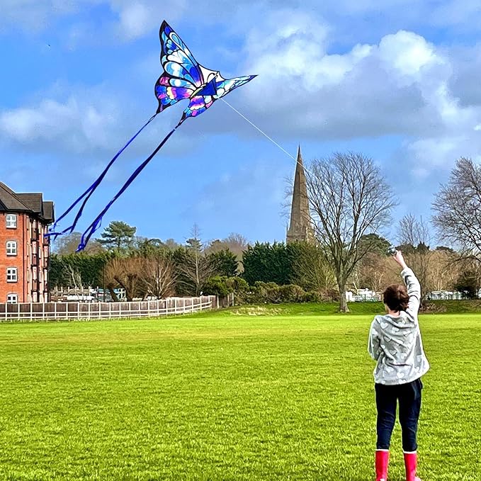 Simxkai Butterfly Kite for Kids & Adults, Easy to Fly Blue Big Kite for Beginners, Line Handle