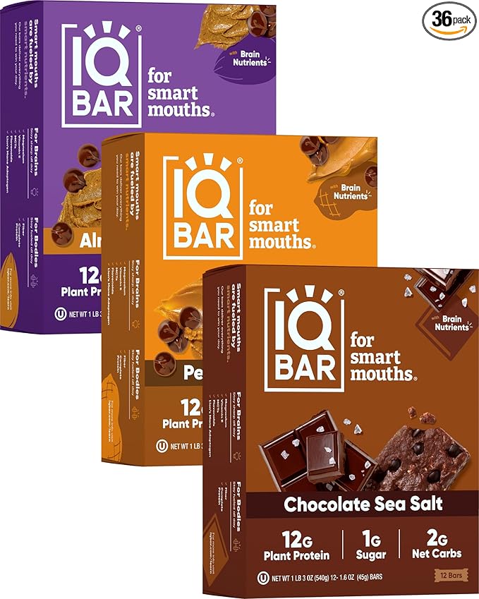 IQBAR Brain and Body Plant Protein Bars - Chocolate Lovers Variety - 36-Count Low Carb - Gluten