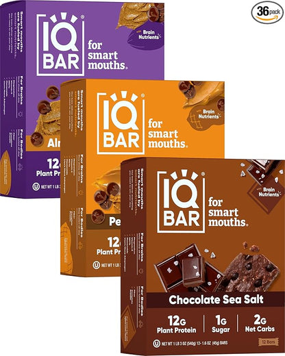 IQBAR Brain and Body Plant Protein Bars - Chocolate Lovers Variety - 36-Count Low Carb - Gluten